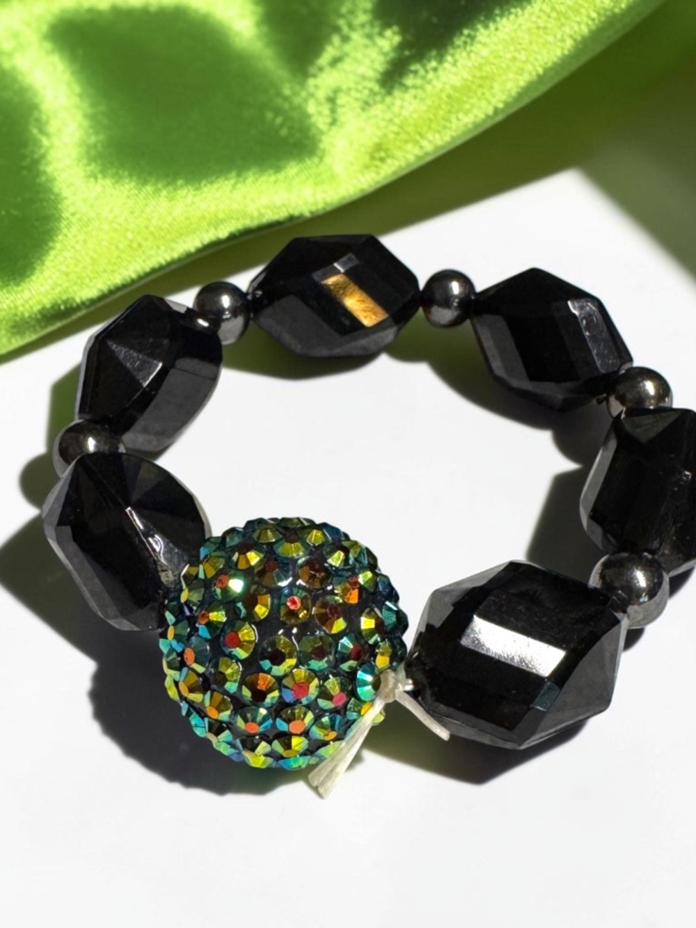 Black Faceted Bead Stretch Bracelet Multicolor Rhinestone Statement